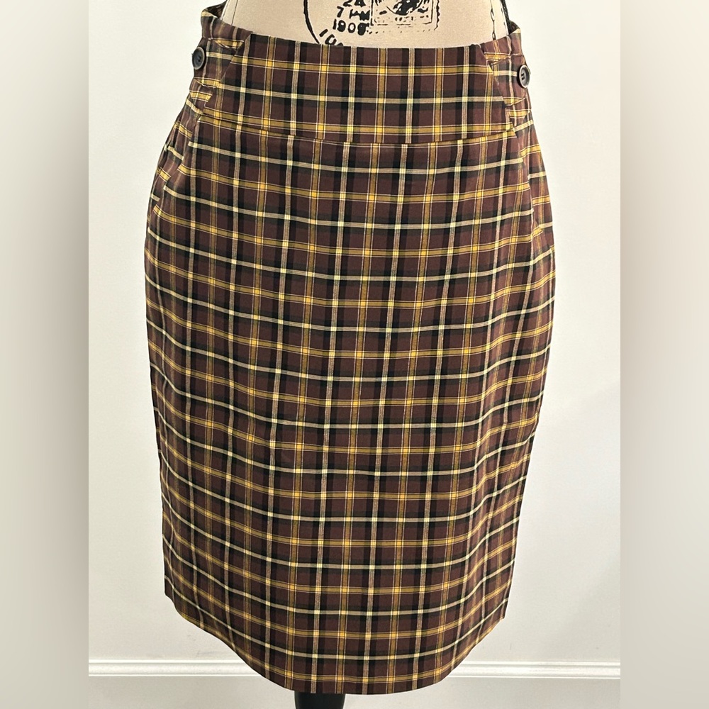 SoHo mustard and plum plaid skirt.